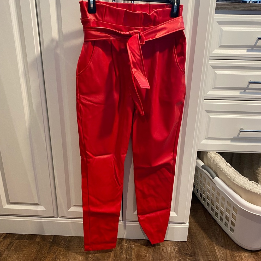 High Waisted Skinny Pleather Red Pants
